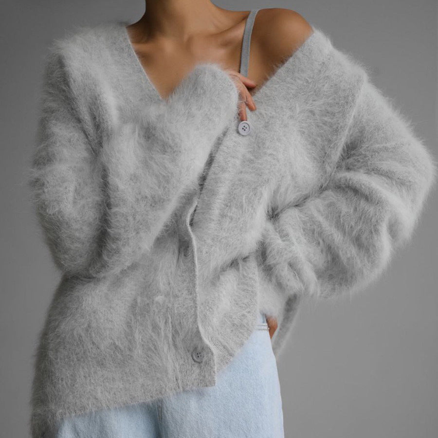 Cardigan Tricoté Femme V-Col Boutonné, Mode Automne-Hiver
