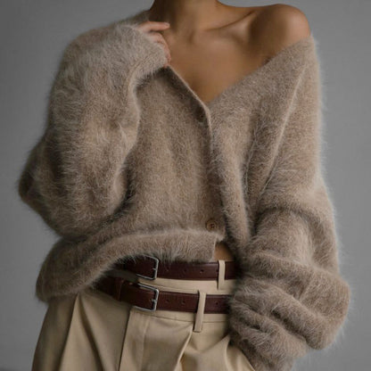 Cardigan Tricoté Femme V-Col Boutonné, Mode Automne-Hiver