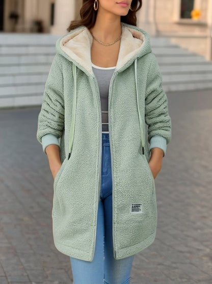 Manteau à capuche en cachemire mi-long doublé en polaire
