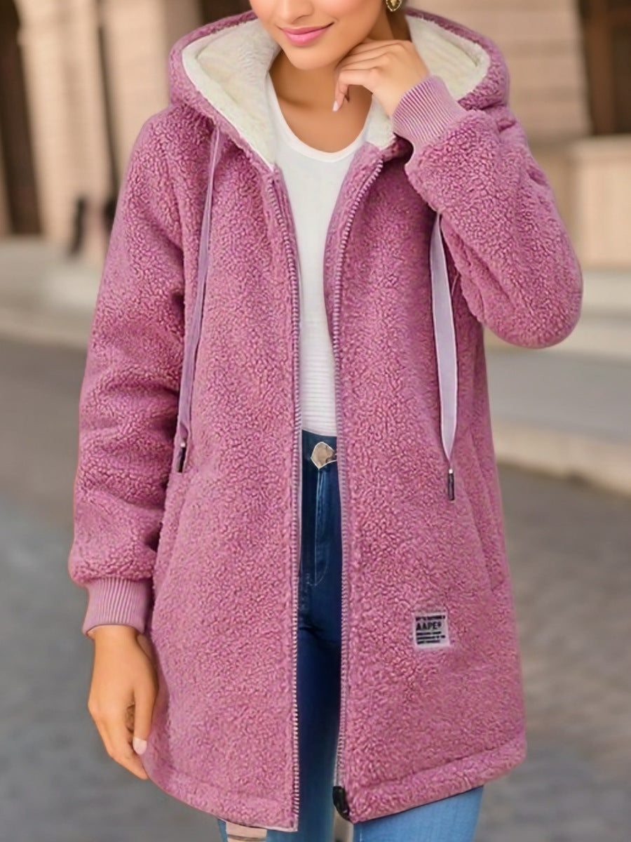 Manteau à capuche en cachemire mi-long doublé en polaire