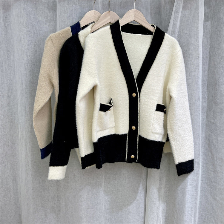 Cardigan Femme Colorblock en Fausse Fourrure