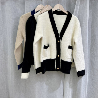 Cardigan Femme Colorblock en Fausse Fourrure