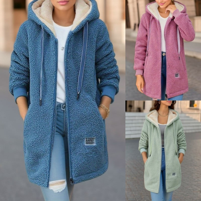 Manteau à capuche en cachemire mi-long doublé en polaire