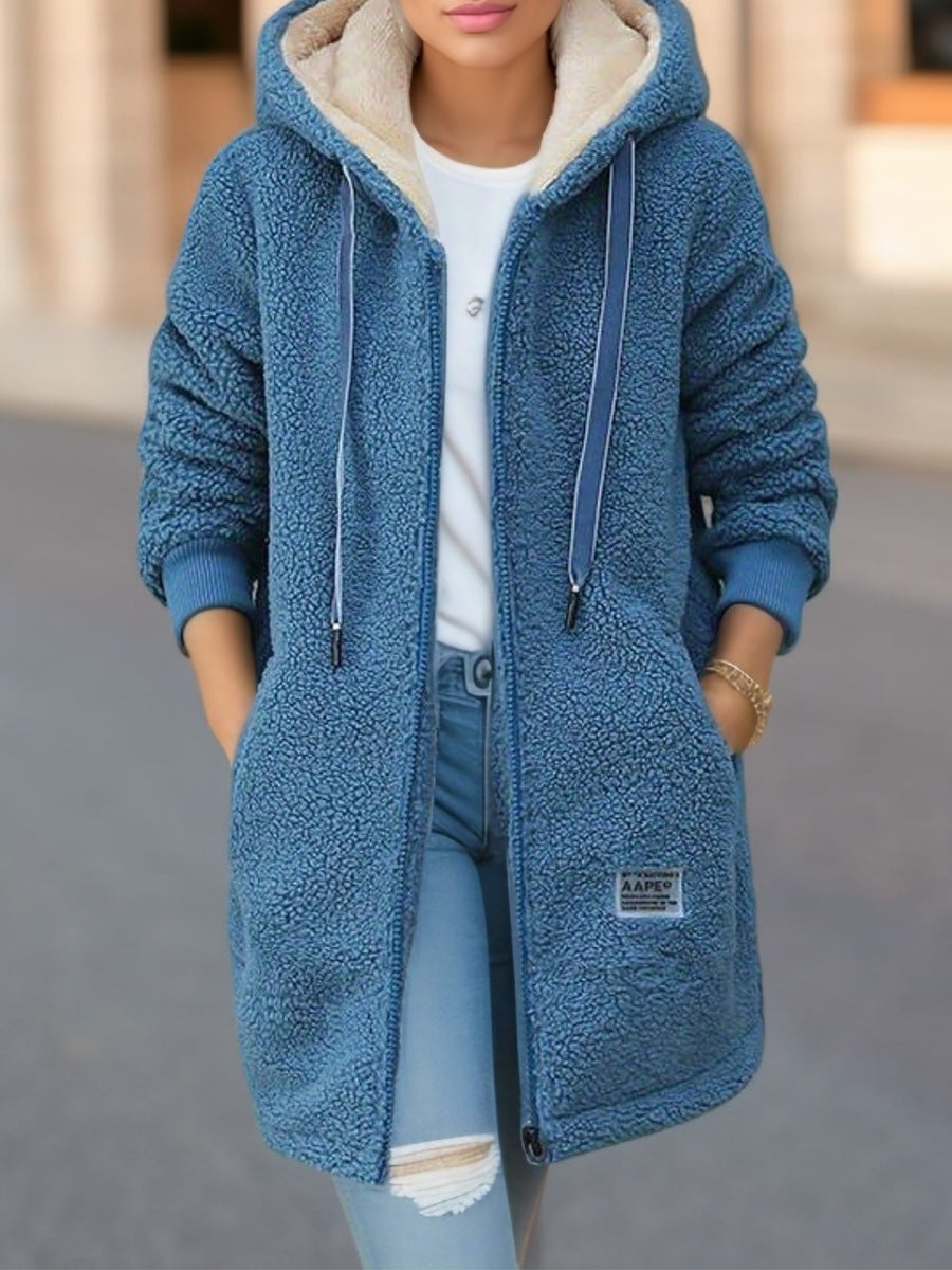 Manteau à capuche en cachemire mi-long doublé en polaire