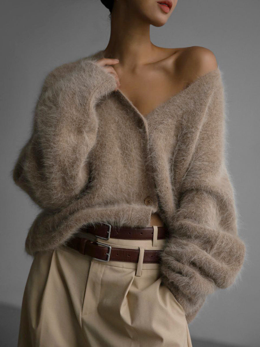 Cardigan Tricoté Femme V-Col Boutonné, Mode Automne-Hiver