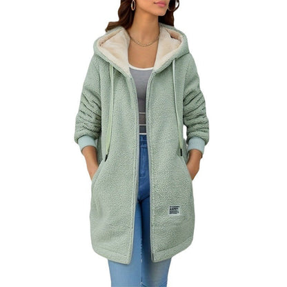 Manteau à capuche en cachemire mi-long doublé en polaire