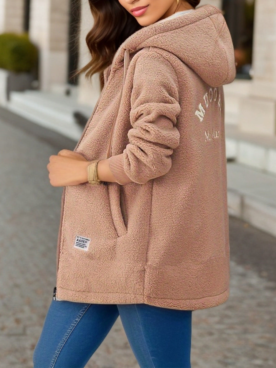 Manteau à capuche en cachemire mi-long doublé en polaire