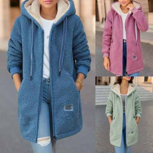 Manteau à capuche en cachemire mi-long doublé en polaire